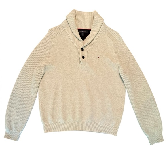 NWOT Y2K Tommy Hilfiger Men's Cream Quarter Button Up Cotton Sweater Large $145 - Picture 1 of 9